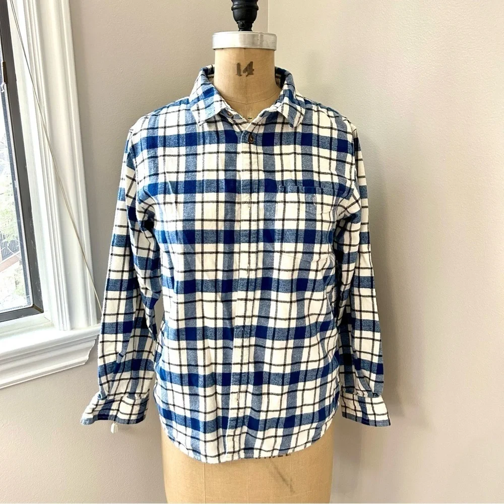 Hanna Andersson Women’s 100% Cotton Flannel Blue and Cream Button Down Sz M EUC - Picture 1 of 13
